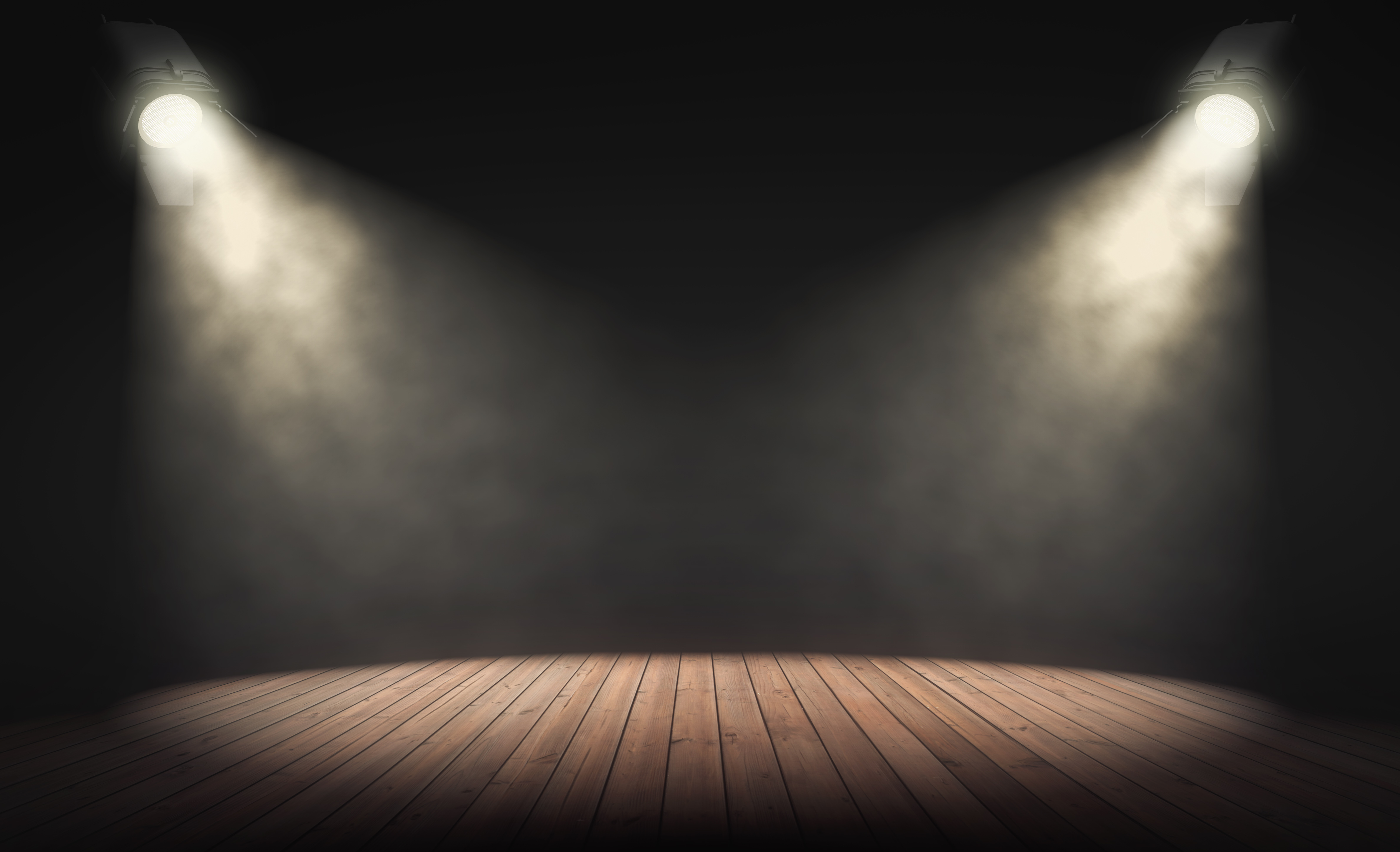 Spotlights illuminate empty stage with dark background. 3d rendering